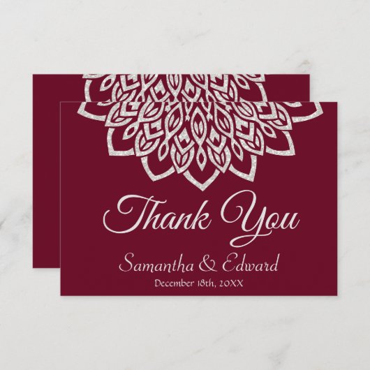 Elegant Burgundy Silver Mandala Wedding Dankeskarte (Vorne/Hinten)