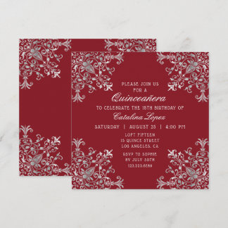Elegant Burgundy Silver Verziert Floral Quinceañer Einladung