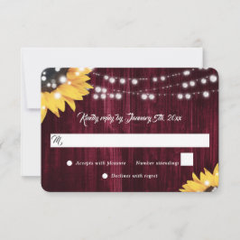 Elegant Burgundy Sunflower Wood Lights Wedding RSVP Karte