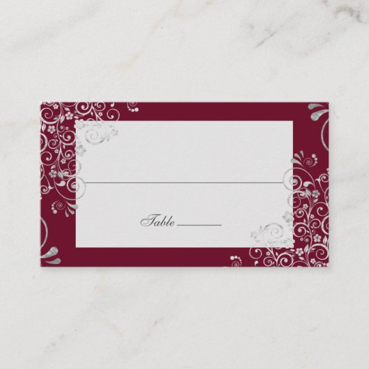 Elegant Burgundy Swirl Wedding Long Name Platzkarte (Vorderseite)