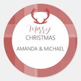 Elegant Burgundy Tartan Monogram Runder Aufkleber