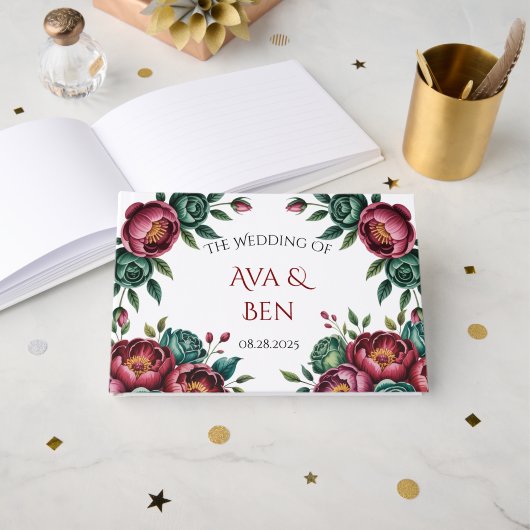 Elegant Burgundy und Emerald Peony Wedding Gästebuch (Vorderseite Offen)