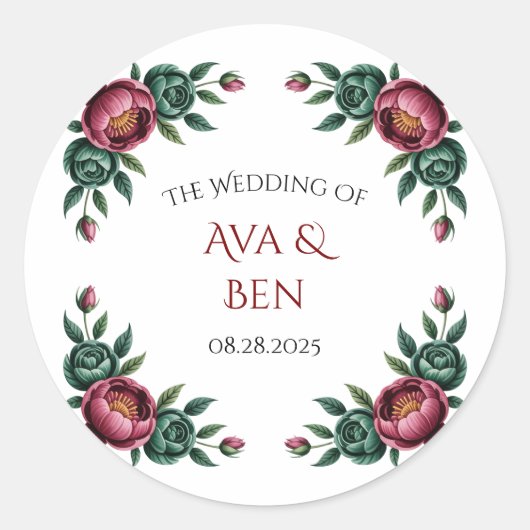 Elegant Burgundy und Emerald Peony Wedding Runder Aufkleber (Vorderseite)