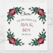 Elegant Burgundy und Emerald Peony Wedding Weinetikett (Einzelnes Label)