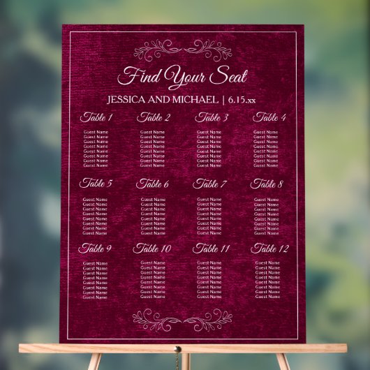 Elegant Burgundy Velvet Wedding Seating Chart Acrylschild (Neutral)