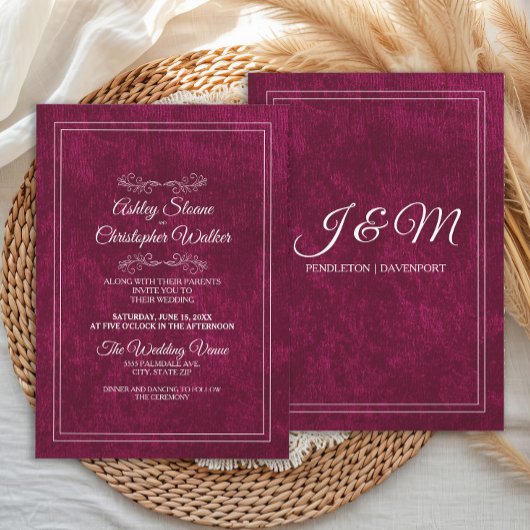 Elegant Burgundy Velvet White Monogram Wedding Einladung