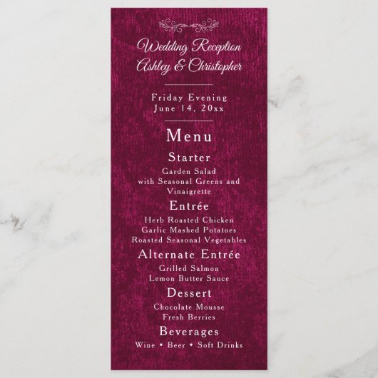 Elegant Burgundy Velvet White Wedding Reception Menükarte (Vorderseite)