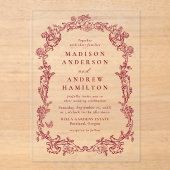 Elegant Burgundy Victorian Floral Frame Wedding Acryleinladungen (Vorderseite)