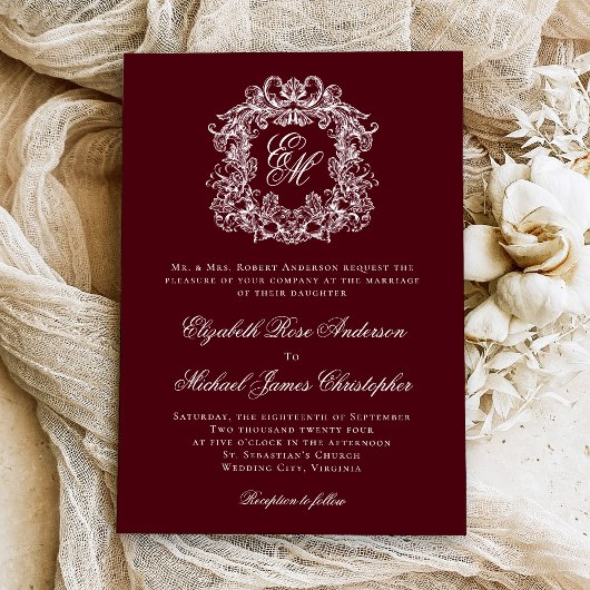 Elegant Burgundy Vintage Crest Monogram Wedding Einladung