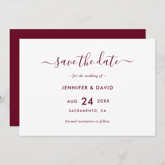 Elegant Burgundy Wedding Save The Date (Vorne/Hinten)