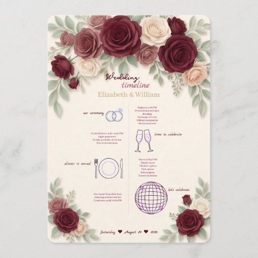 Elegant Burgundy Wedding Timeline Program Programm (Vorderseite)