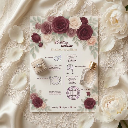 Elegant Burgundy Wedding Timeline Program Programm