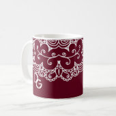 Elegant Burgundy White Lace Mit Monogramm Kaffeetasse (Vorderseite Links)