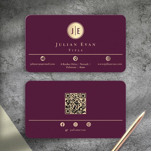 Elegant Burgundy Wine Gold Shiny Circle Monogram Visitenkarte