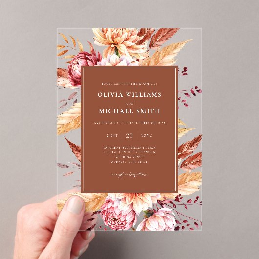 Elegant Burnt Orange Boho Chic Floral Wedding Acryleinladungen (Insitu (Handheld))