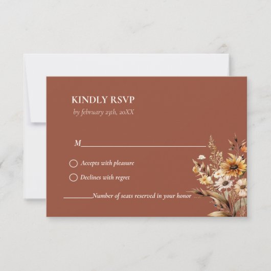 Elegant Burnt Orange Botanische Wildblume Hochzeit RSVP Karte (Vorderseite)