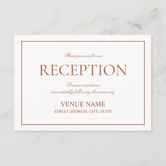 Elegant Burnt Orange Classic Script Empfang Begleitkarte (Vorderseite)