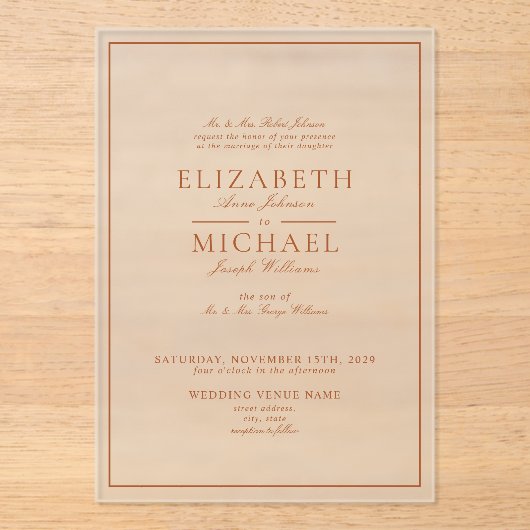 Elegant Burnt Orange Classic Script Wedding Acryleinladungen (Vorderseite)