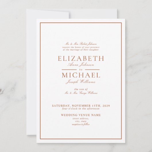Elegant Burnt Orange Classic Script Wedding Einladung (Vorderseite)