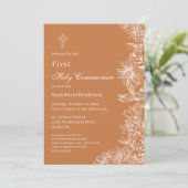 Elegant Burnt Orange Floral First Holy Communion Einladung (Stehend Vorderseite)