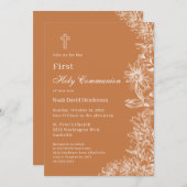 Elegant Burnt Orange Floral First Holy Communion Einladung (Vorne/Hinten)