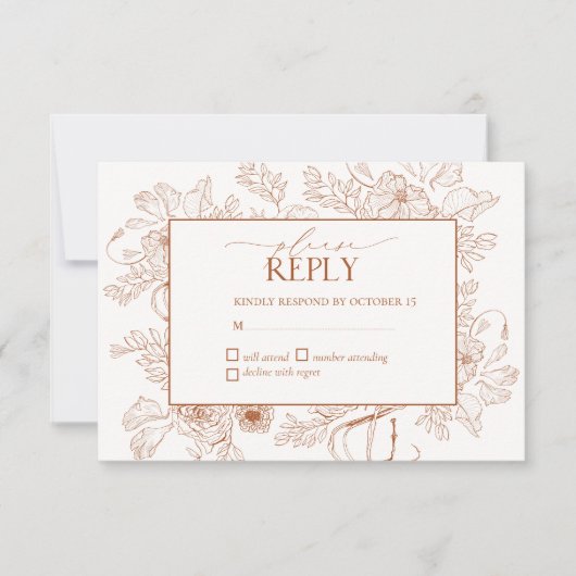 Elegant Burnt Orange Floral Line Art Wedding RSVP (Vorderseite)