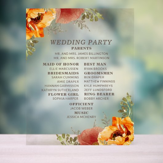Elegant Burnt Orange Floral Wedding Program Acrylschild (Neutral)