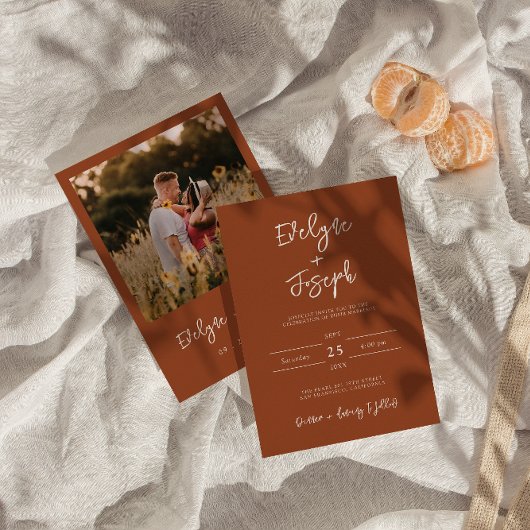 Elegant Burnt Orange Foto Boho Moderne Hochzeit Einladung