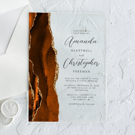 Elegant Burnt Orange Gold Agate Script Wedding Acryleinladungen