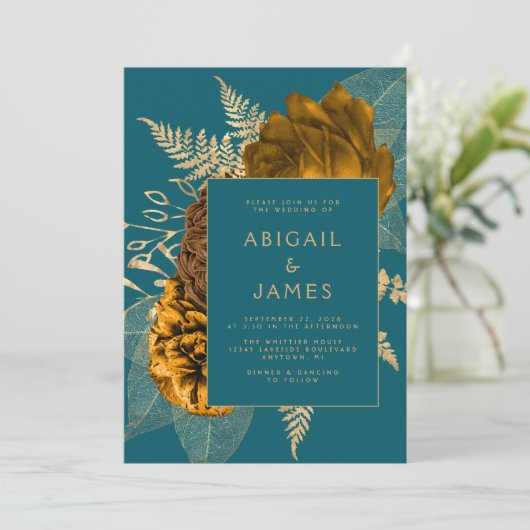 Elegant Burnt Orange Gold Floral Aquamarin Blue We Einladung (Stehend Vorderseite)