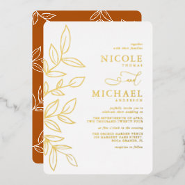 Elegant Burnt Orange Minimal Gold Leaf Hochzeit Folieneinladung