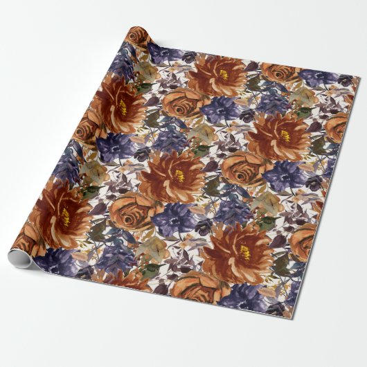 Elegant Burnt Orange Navy Blauer Herbst Herbstflor Geschenkpapier (Ungerollt)