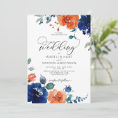 Elegant Burnt Orange Navy Rust Floral Wedding Einladung (Stehend Vorderseite)