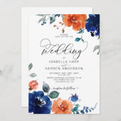 Elegant Burnt Orange Navy Rust Floral Wedding Einladung (Vorne/Hinten)
