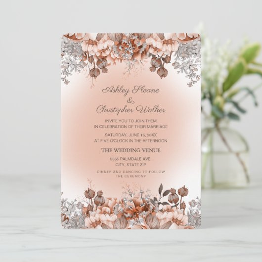 Elegant Burnt Orange Pink Herbstblütenhochzeit Einladung (Stehend Vorderseite)