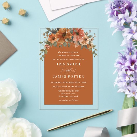 Elegant Burnt Orange Rust Copper Blumenzehen Acryleinladungen (In Situ (Hochzeit))