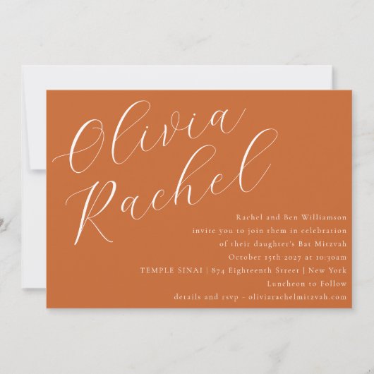 Elegant Burnt Orange Script Minimal Bat Mitzvah Einladung (Vorderseite)