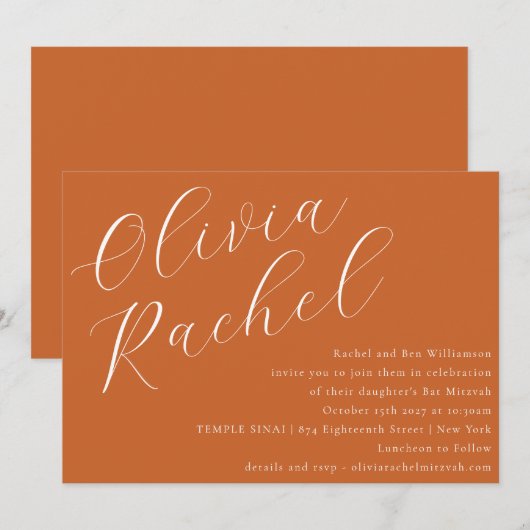 Elegant Burnt Orange Script Minimal Bat Mitzvah Einladung (Vorne/Hinten)