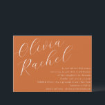 Elegant Burnt Orange Script Minimal Bat Mitzvah Einladung<br><div class="desc">Diese zeitgenössische Fledermaus-Mitzvah-Einladung zeichnet sich durch eine minimalistische horizontale Komposition und eine schöne,  weiße Skriptkalligraphie auf einem Hintergrund von Burnt Orange aus.</div>