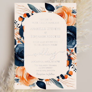 Elegant Burnt Orange und Navy Blue Floral Wedding Folieneinladung