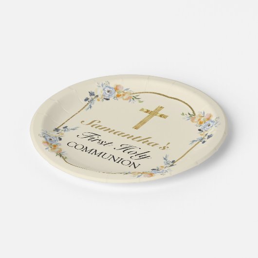 Elegant Buttercreme Floral 1. Heilige Kommunion Pappteller (Schrägansicht)