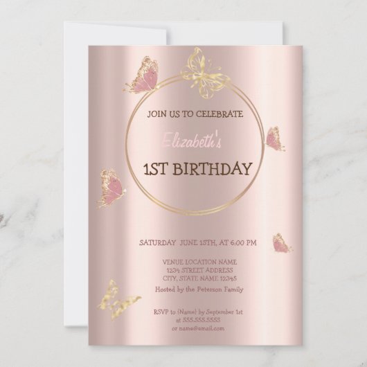 Elegant Butterfets Rose Gold Geburtstag Einladung (Vorderseite)