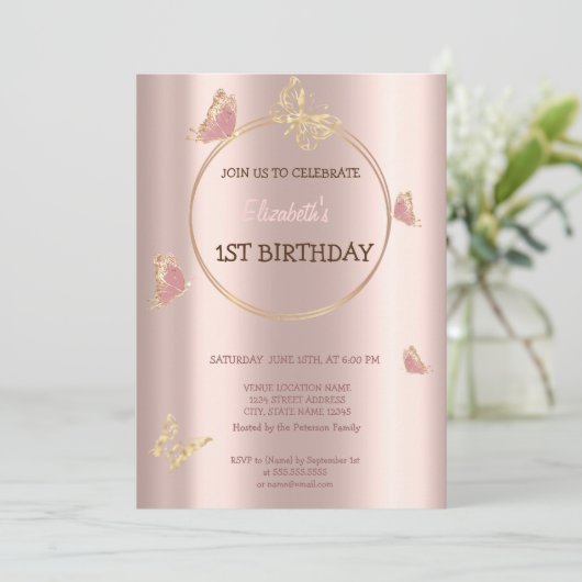 Elegant Butterfets Rose Gold Geburtstag Einladung (Stehend Vorderseite)