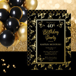 Elegant Butterflies 40. Geburtstag Party Black Gol Folieneinladung