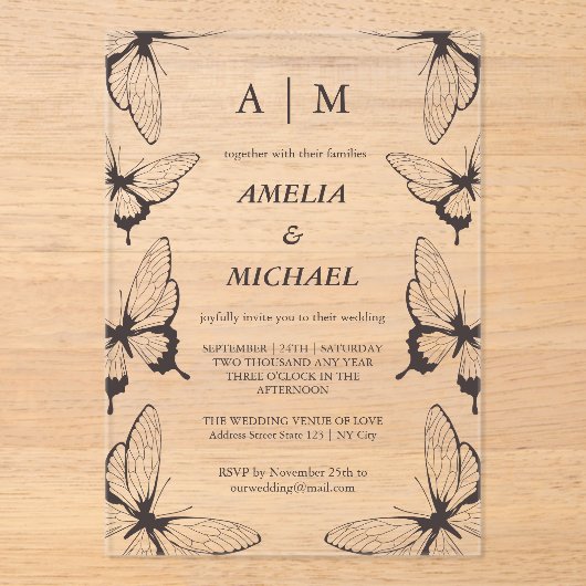 Elegant Butterflies Monogram Wedding Einladung (Vorderseite)