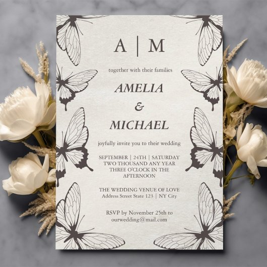 Elegant Butterflies Monogram Wedding Einladung