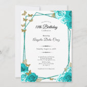 Elegant Butterflies Teal Roses 18th Debut Birthday Einladung (Vorderseite)