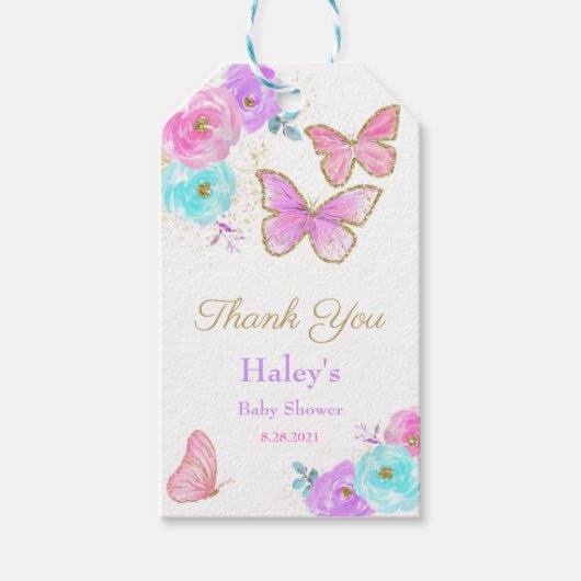 elegant. Butterfly Aquarell Babydusche Geschenkanhänger (Vorderseite)