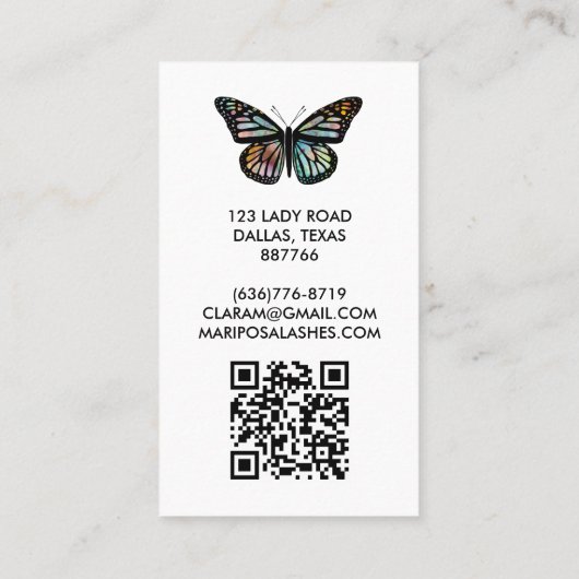 Elegant Butterfly Monarch Beauty Lashes QR Code Visitenkarte (Rückseite)