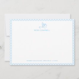 Elegant Butterfly Monogram Baby Blue Gingham Karie Mitteilungskarte